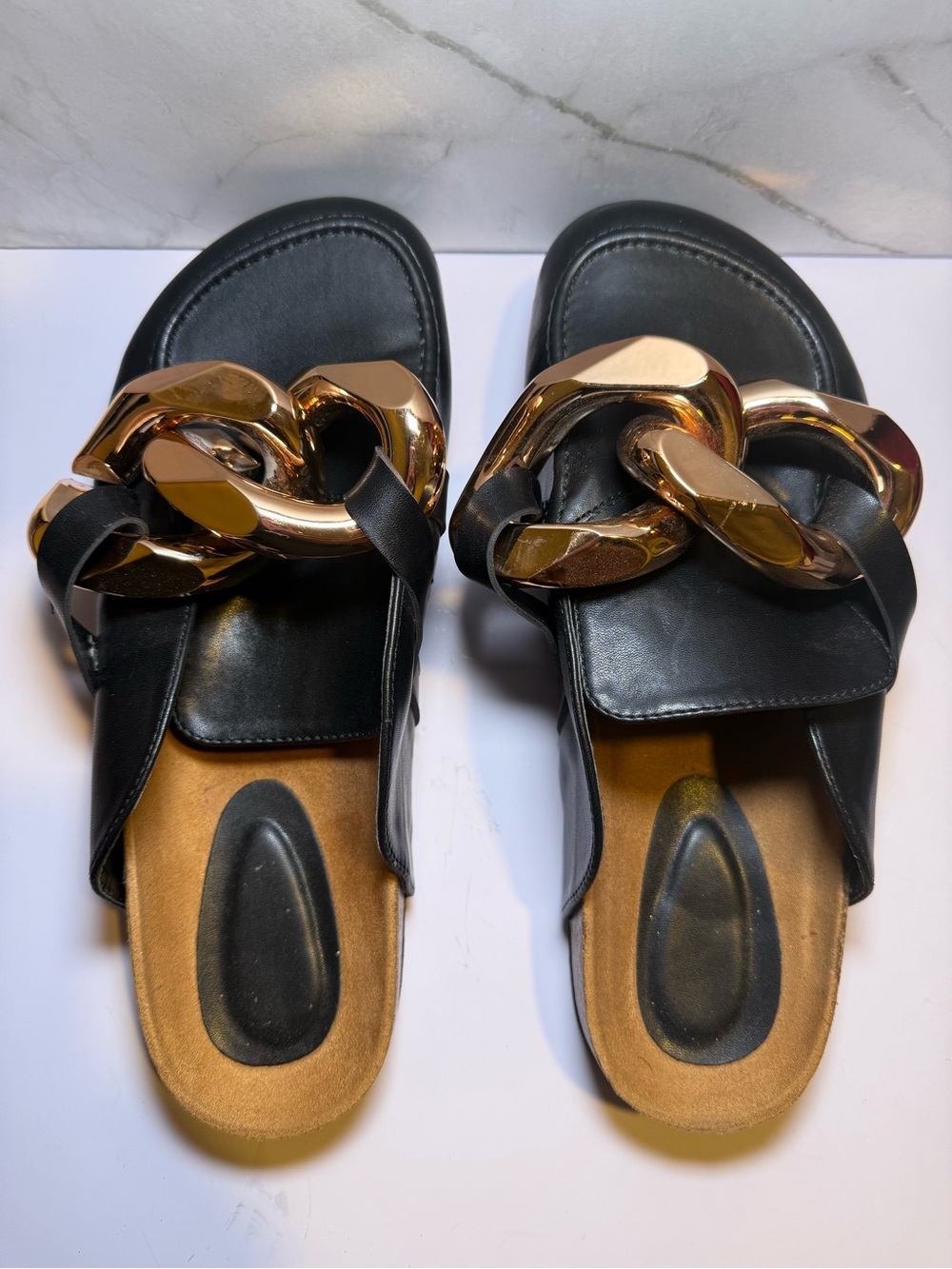 Black Platform Slide Sandals with Gold Chain Detail | Size 10